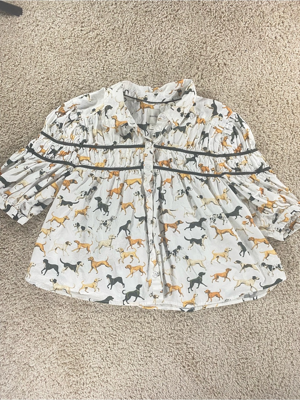 Maeve The Leandra Shirred Yoke White Blouse Dog Icon Print XL Woof Bark